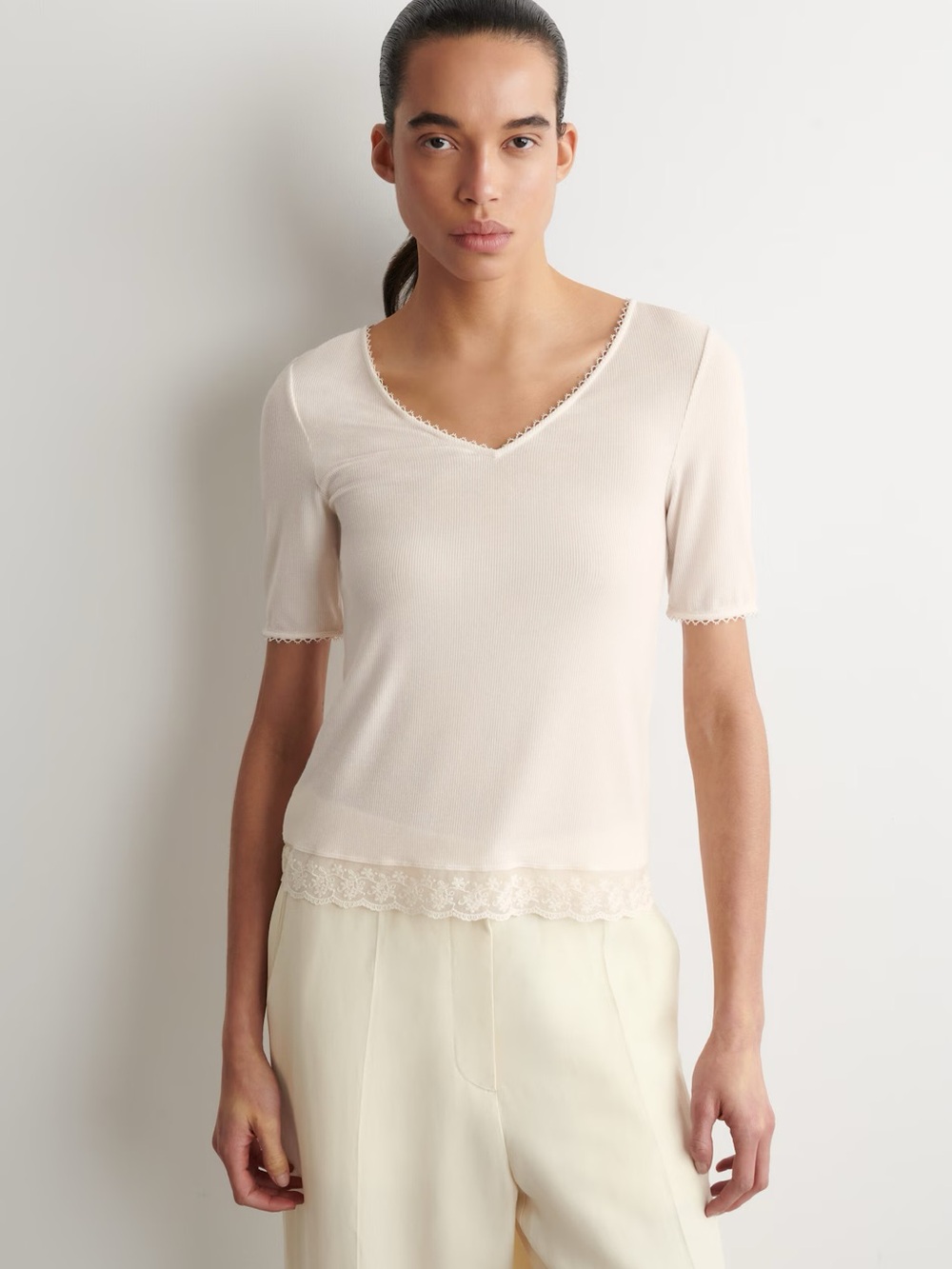 COS LACE-TRIMMED RIBBED V-NECK T-SHIRT